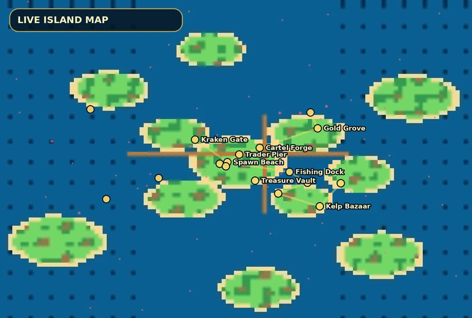 Coconut Cartel island map with routes, landmarks, and monster camps